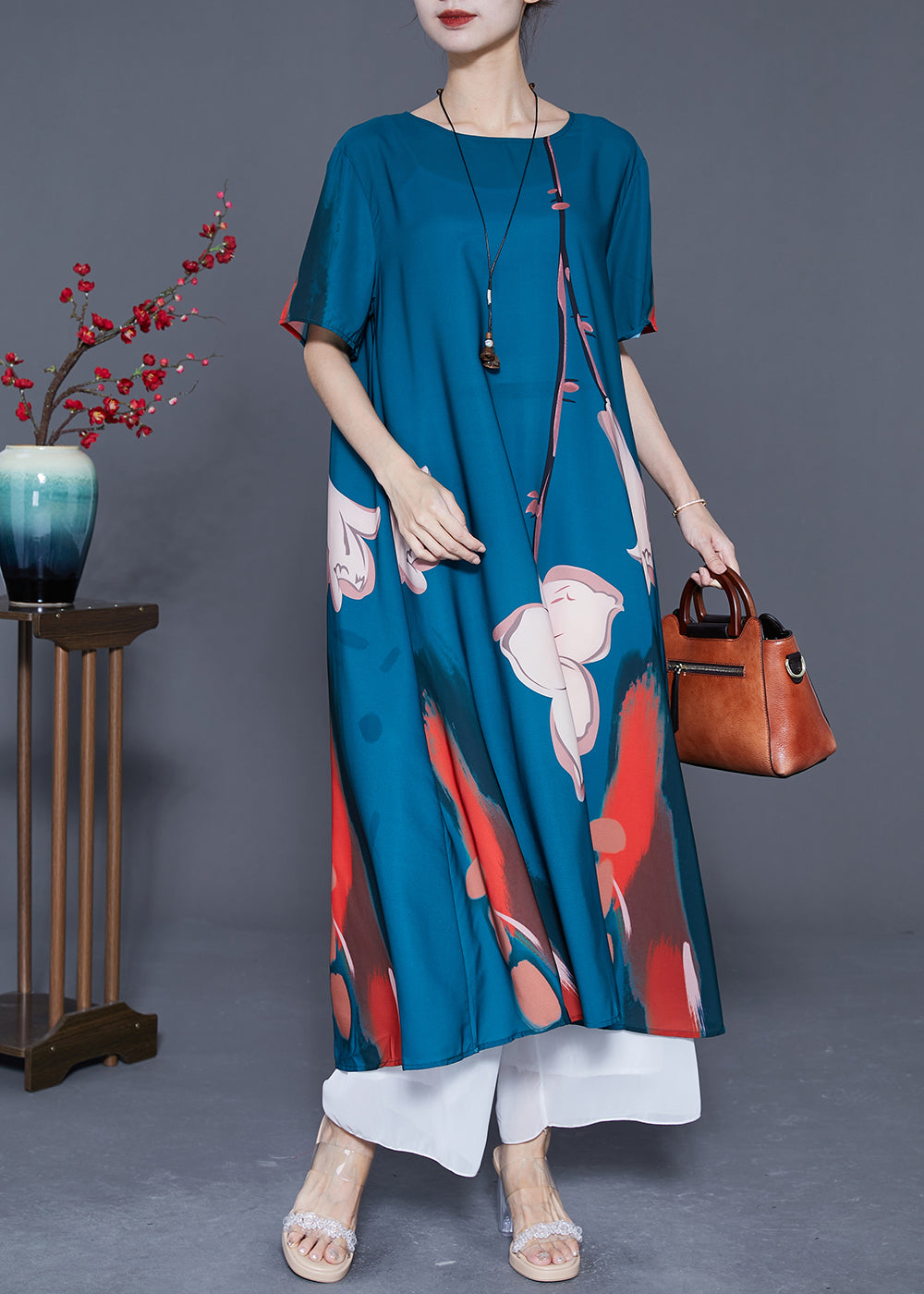 Diy Navy Oversized Print Draping Silk Holiday Dress Summer LY5409 - fabuloryshop