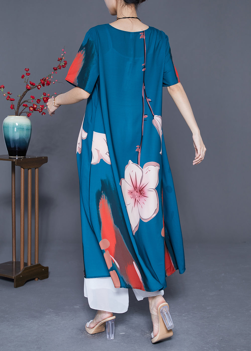 Diy Navy Oversized Print Draping Silk Holiday Dress Summer LY5409 - fabuloryshop