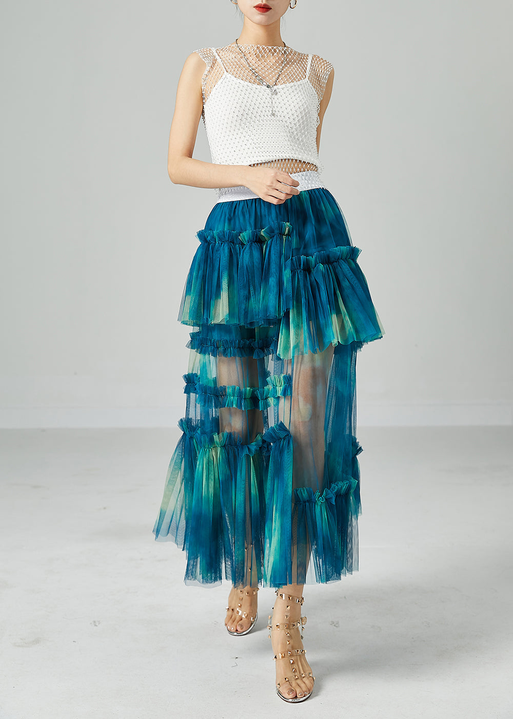 Diy Peacock Blue Asymmetrical Tie Dye Wrinkled Tulle Skirt Summer LY2451