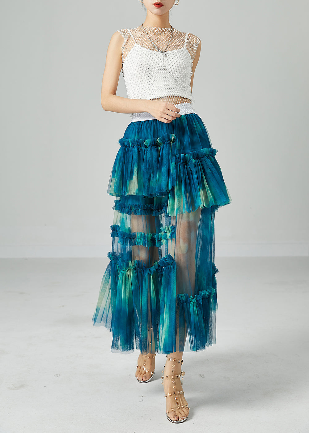 Diy Peacock Blue Asymmetrical Tie Dye Wrinkled Tulle Skirt Summer LY2451 - fabuloryshop