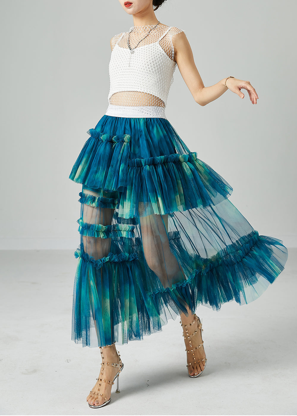 Diy Peacock Blue Asymmetrical Tie Dye Wrinkled Tulle Skirt Summer LY2451
