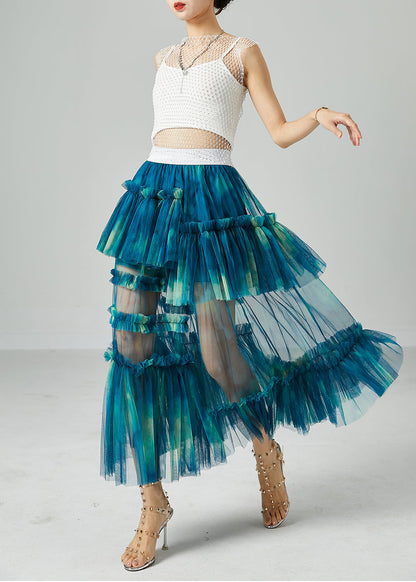 Diy Peacock Blue Asymmetrical Tie Dye Wrinkled Tulle Skirt Summer LY2451 - fabuloryshop