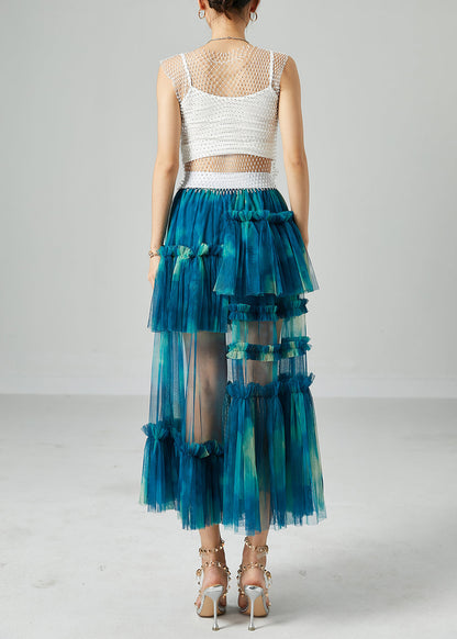 Diy Peacock Blue Asymmetrical Tie Dye Wrinkled Tulle Skirt Summer LY2451 - fabuloryshop