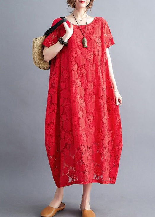 Diy Red Oversized Hollow Out Lace Long Dress Summer LY0539 - fabuloryshop