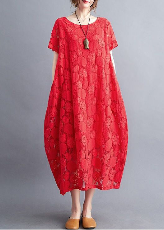 Diy Red Oversized Hollow Out Lace Long Dress Summer LY0539 - fabuloryshop