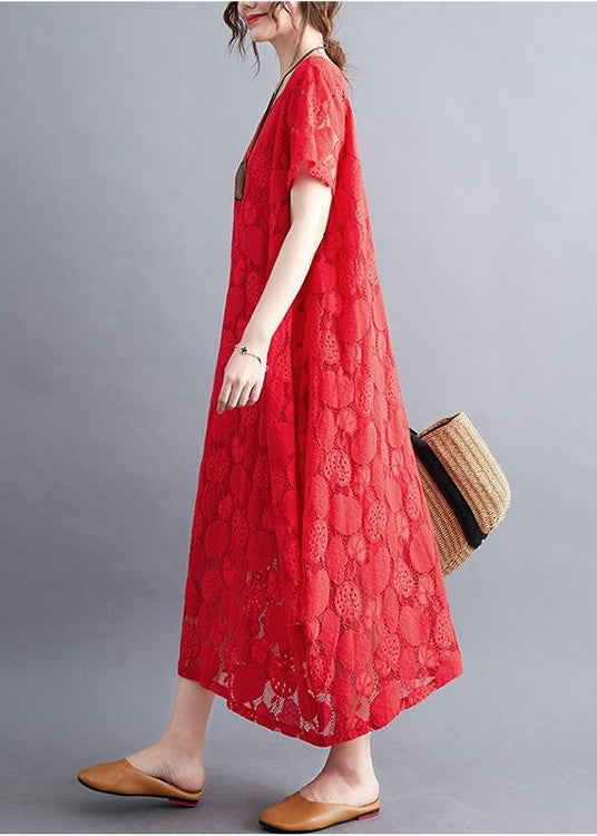 Diy Red Oversized Hollow Out Lace Long Dress Summer LY0539 - fabuloryshop