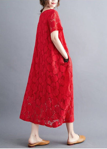 Diy Red Oversized Hollow Out Lace Long Dress Summer LY0539 - fabuloryshop