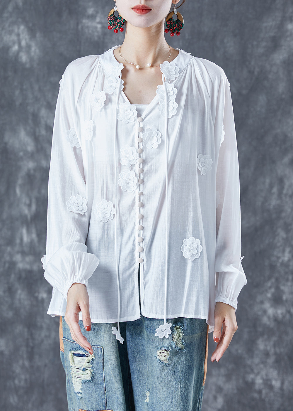 Diy White Floral Lace Up Cotton Shirts Summer LY5668 - fabuloryshop