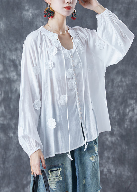 Diy White Floral Lace Up Cotton Shirts Summer LY5668 - fabuloryshop