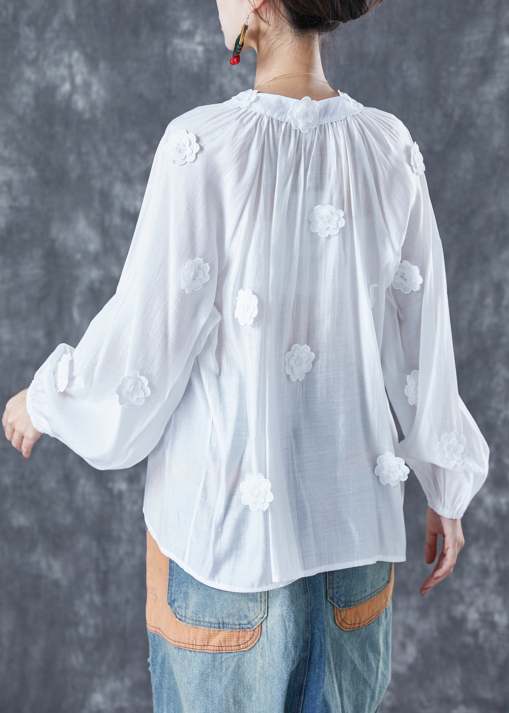 Diy White Floral Lace Up Cotton Shirts Summer LY5668 - fabuloryshop