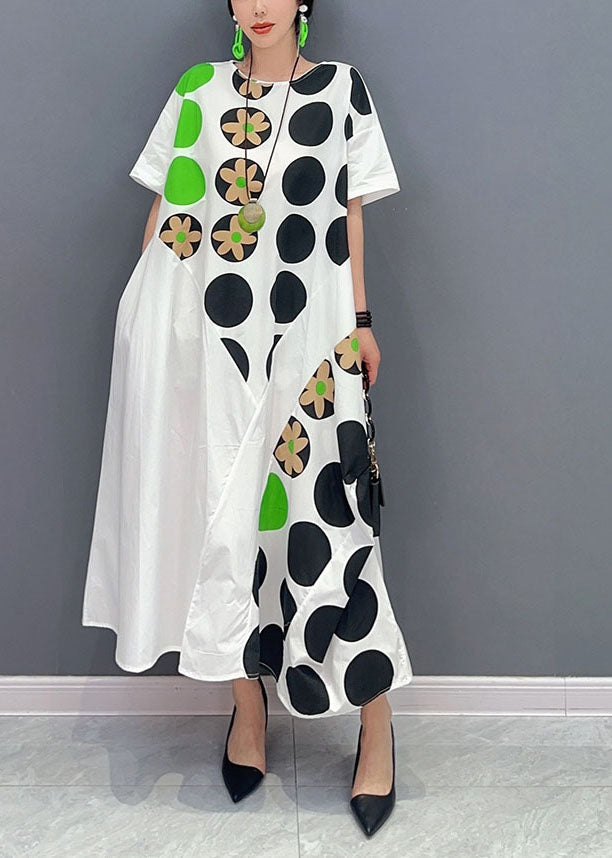 Diy White Oversized Patchwork Dot Print Cotton Party Dress Short Sleeve LY0577