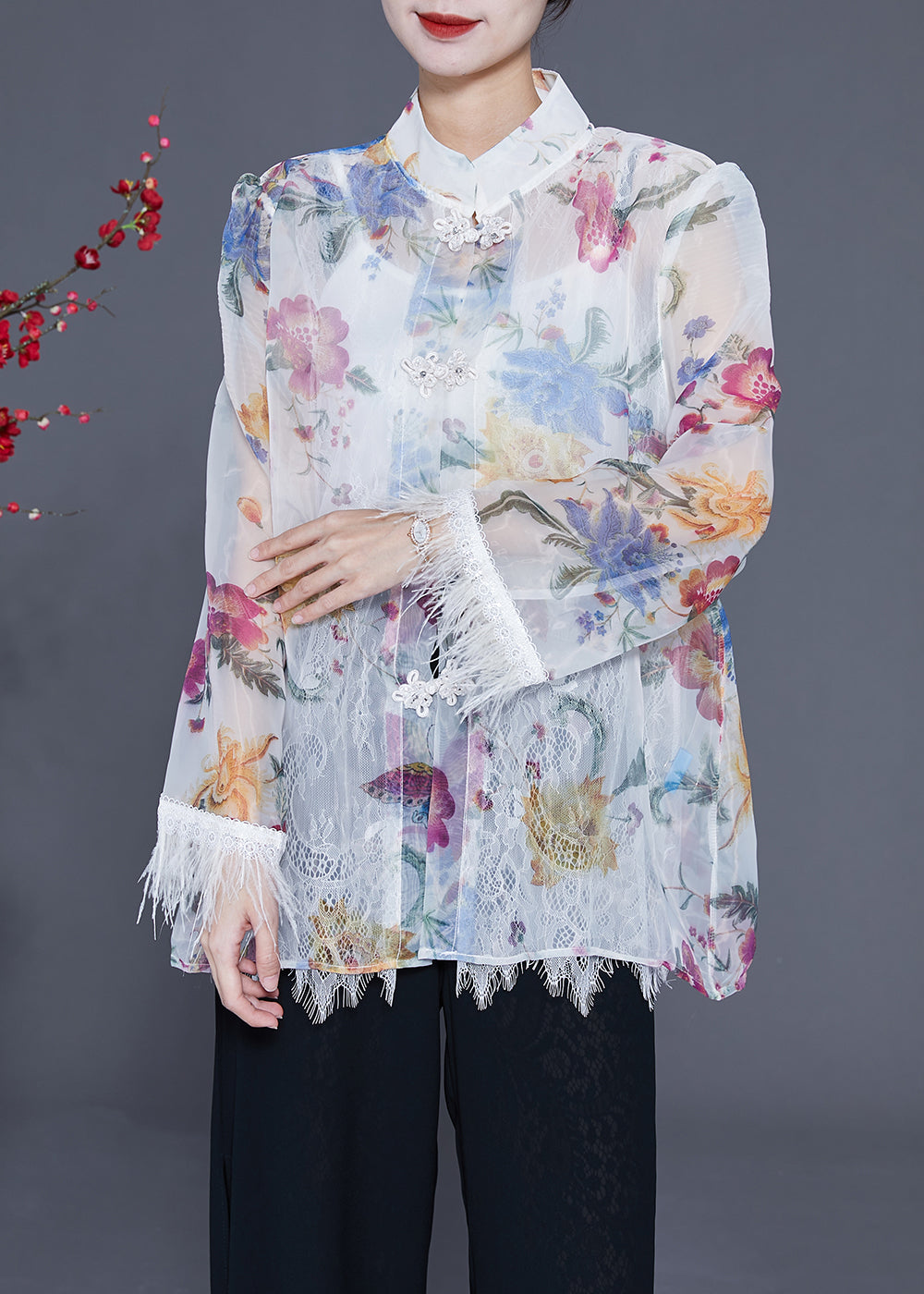 Diy White Print Patchwork Tassel Chinese Button Chiffon Shirts Summer LY2343 - fabuloryshop