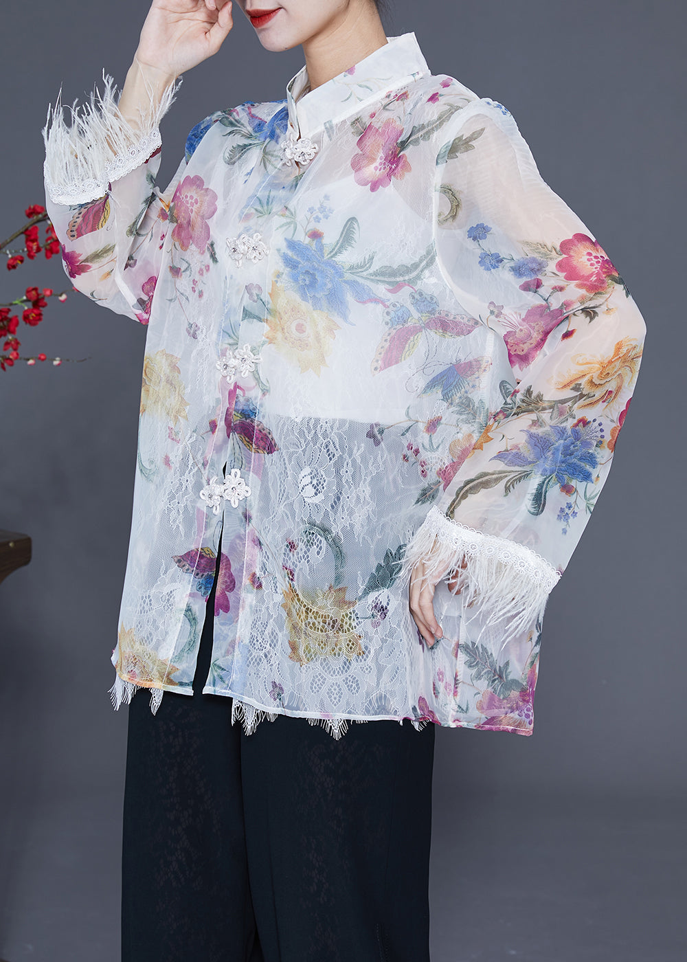 Diy White Print Patchwork Tassel Chinese Button Chiffon Shirts Summer LY2343 - fabuloryshop