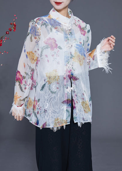 Diy White Print Patchwork Tassel Chinese Button Chiffon Shirts Summer LY2343 - fabuloryshop