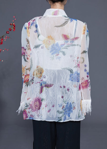 Diy White Print Patchwork Tassel Chinese Button Chiffon Shirts Summer LY2343 - fabuloryshop