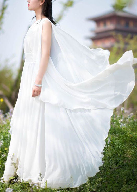 Diy White V Neck Wrinkled Patchwork Chiffon Dresses Summer LY1693 - fabuloryshop