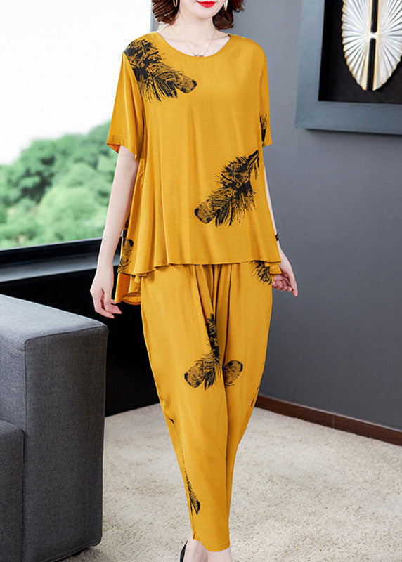 Diy Yellow O-Neck Wrinkled Patchwork Cotton Two Piece Suit Set Summer Ada Fashion