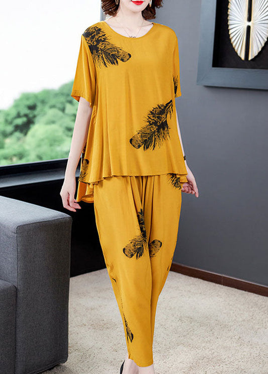 Diy Yellow O-Neck Wrinkled Patchwork Cotton Two Piece Suit Set Summer Ada Fashion