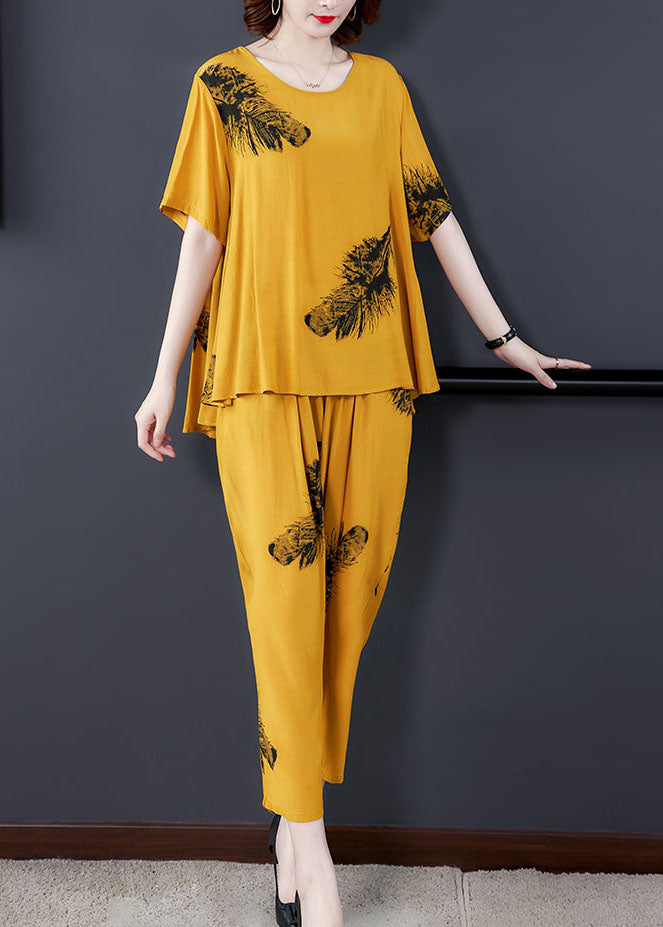 Diy Yellow O-Neck Wrinkled Patchwork Cotton Two Piece Suit Set Summer Ada Fashion