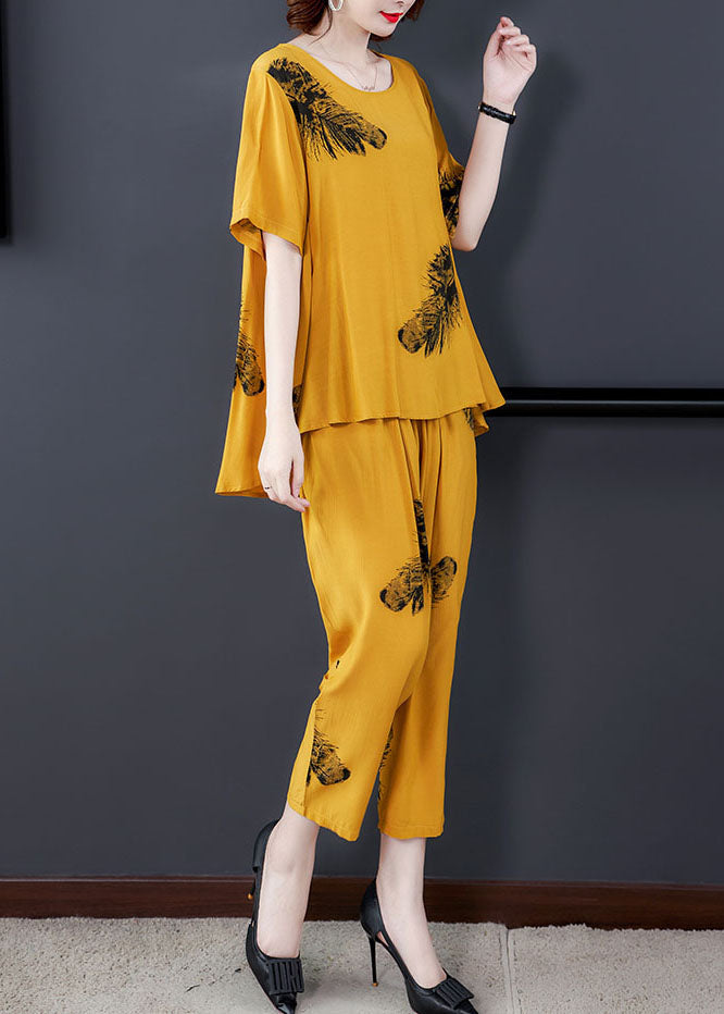 Diy Yellow O-Neck Wrinkled Patchwork Cotton Two Piece Suit Set Summer Ada Fashion