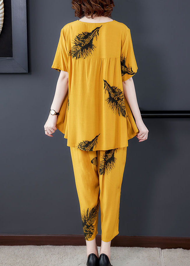 Diy Yellow O-Neck Wrinkled Patchwork Cotton Two Piece Suit Set Summer Ada Fashion