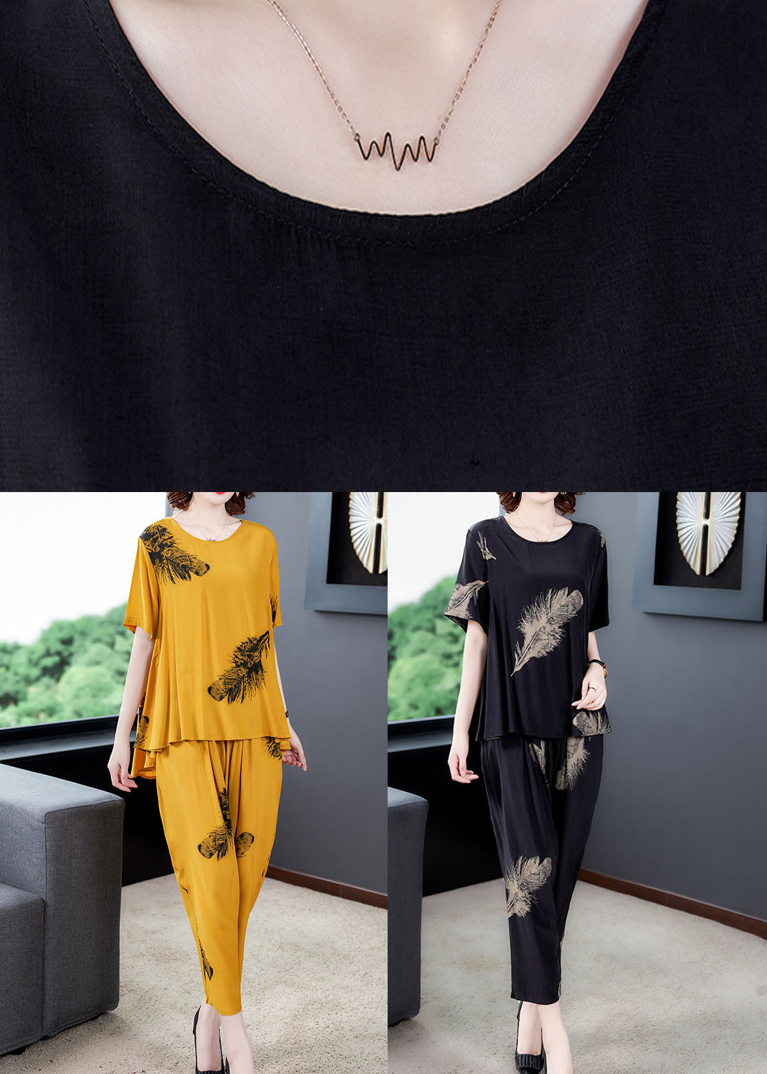 Diy Yellow O-Neck Wrinkled Patchwork Cotton Two Piece Suit Set Summer Ada Fashion