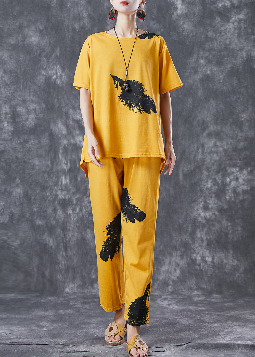 Diy Yellow Oversized Feathers Print Cotton Two Pieces Set Summer LY6744 - fabuloryshop