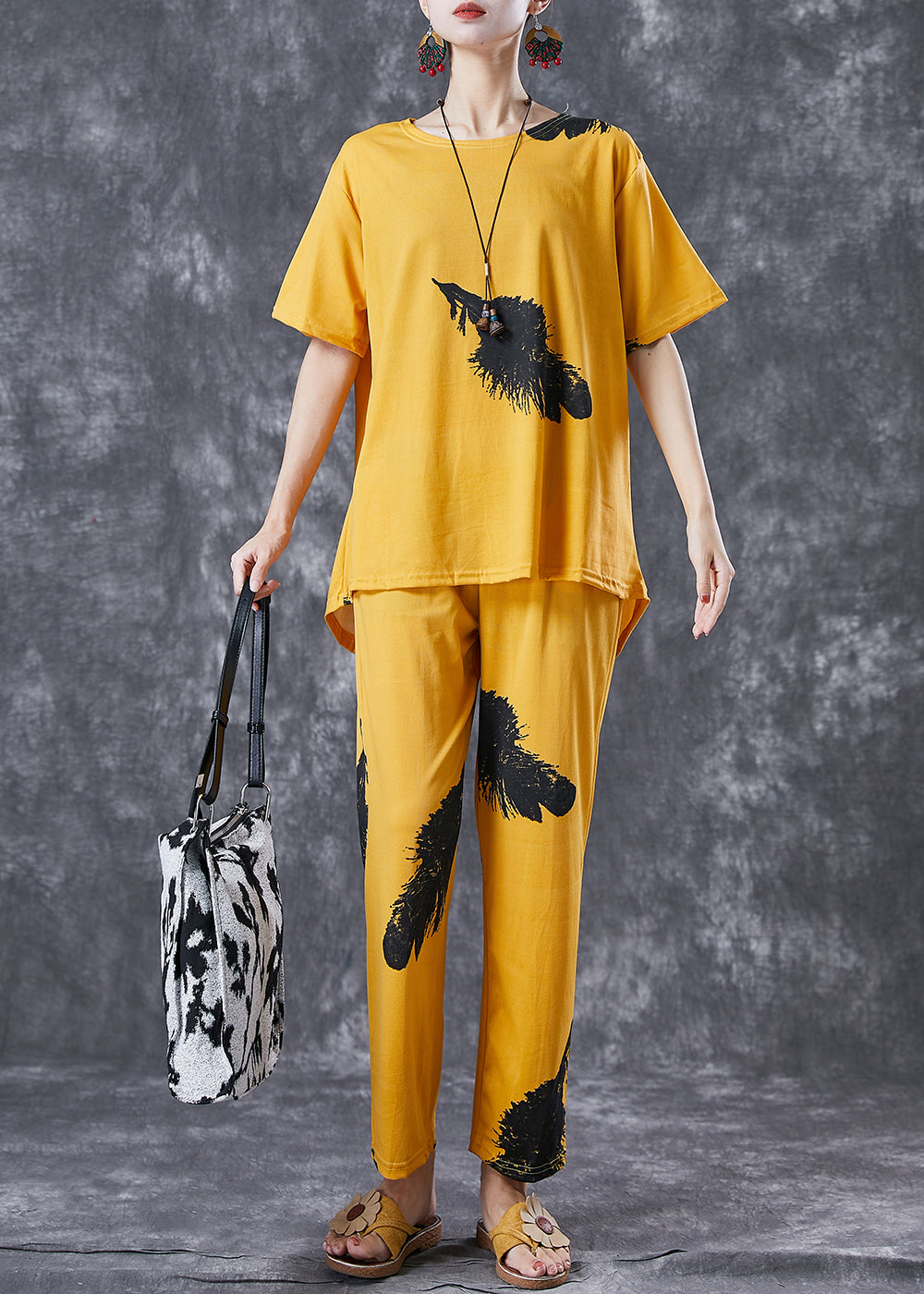Diy Yellow Oversized Feathers Print Cotton Two Pieces Set Summer LY6744 - fabuloryshop