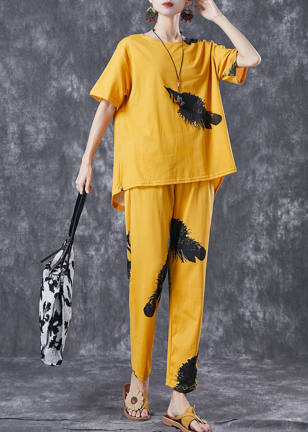 Diy Yellow Oversized Feathers Print Cotton Two Pieces Set Summer LY6744 - fabuloryshop