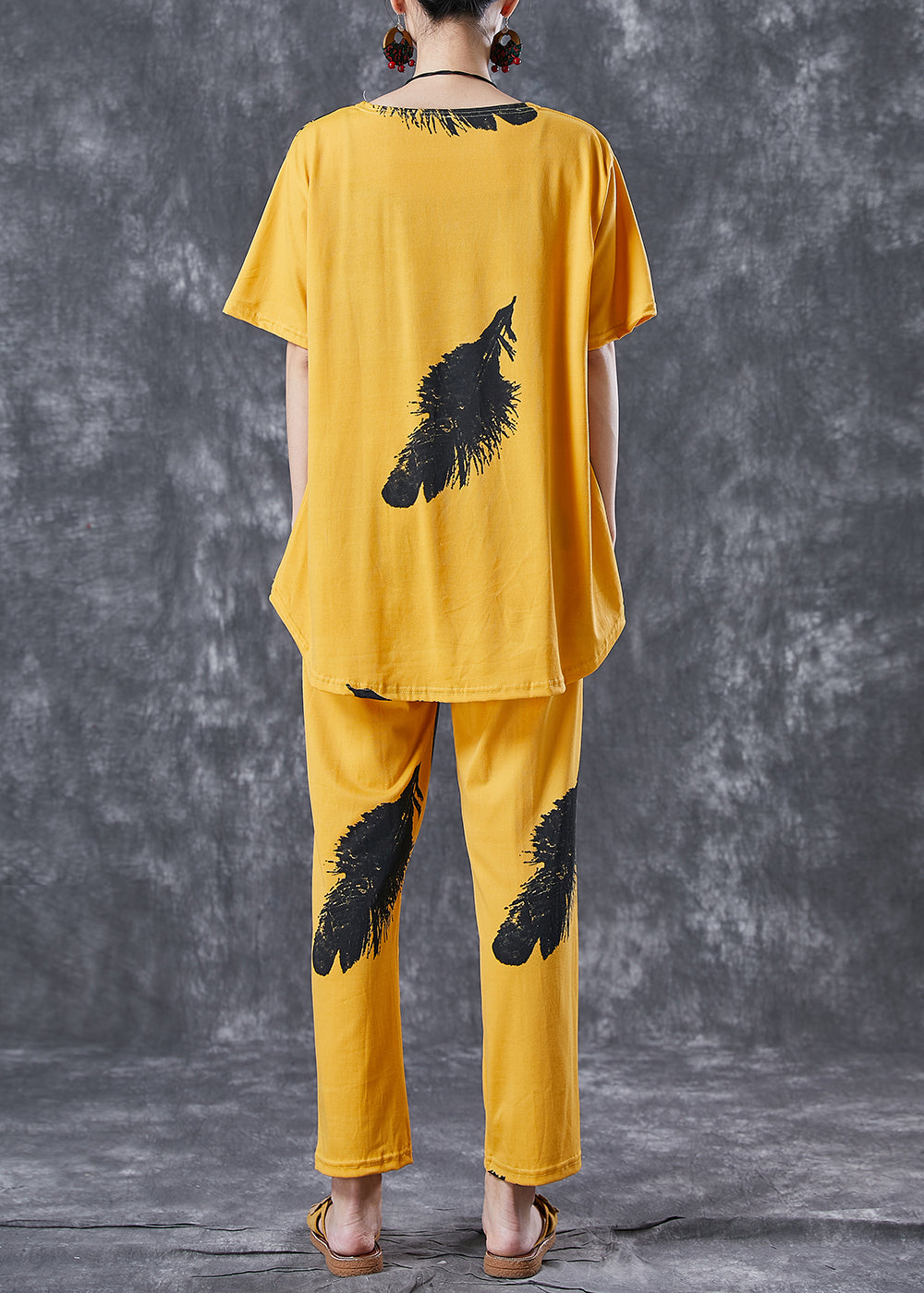 Diy Yellow Oversized Feathers Print Cotton Two Pieces Set Summer LY6744 - fabuloryshop