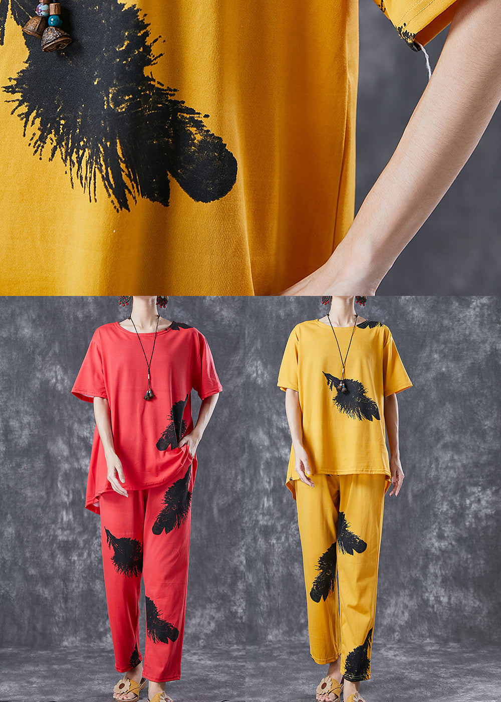 Diy Yellow Oversized Feathers Print Cotton Two Pieces Set Summer LY6744 - fabuloryshop