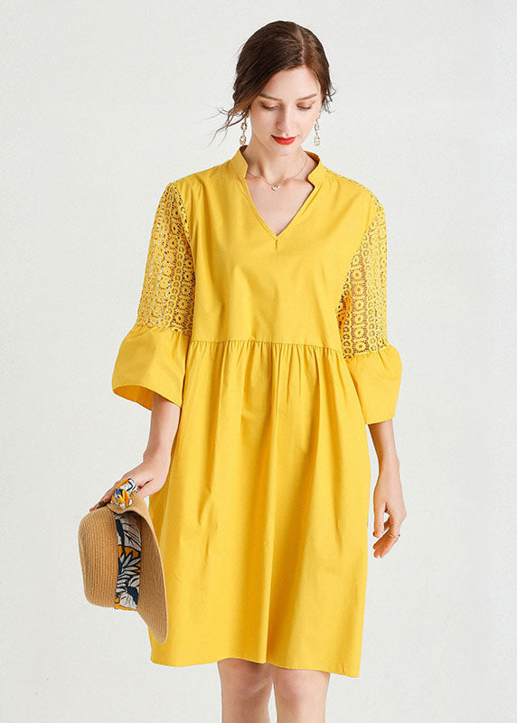 Diy Yellow V Neck Hollow Out Lace Patchwork Cotton Dresses Summer LY0015 - fabuloryshop