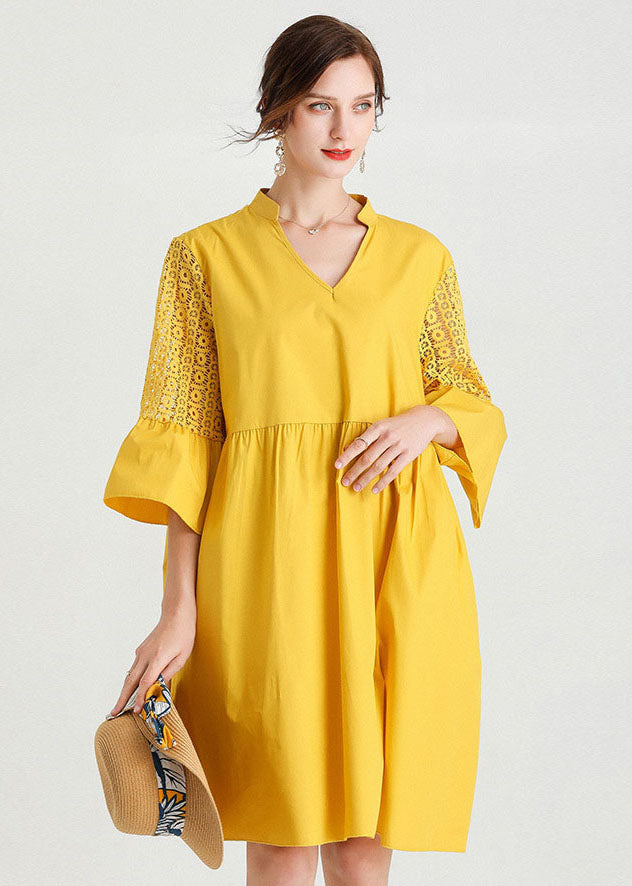 Diy Yellow V Neck Hollow Out Lace Patchwork Cotton Dresses Summer LY0015 - fabuloryshop