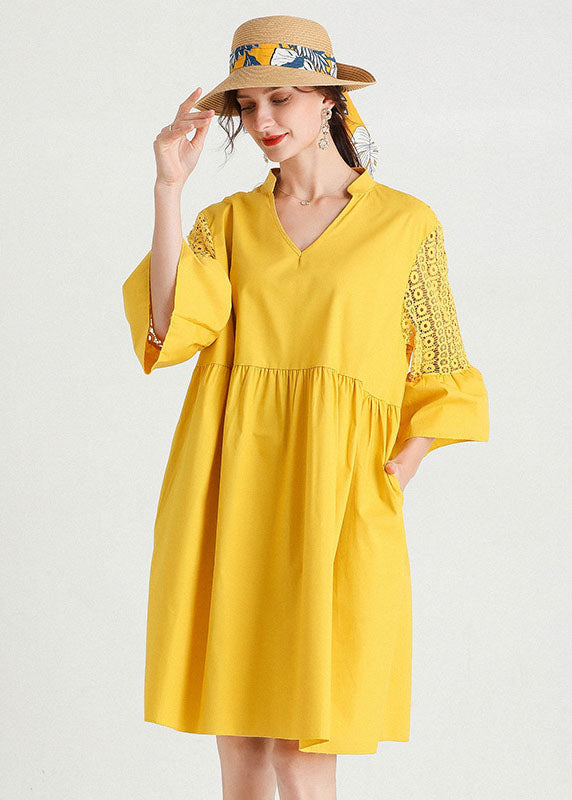 Diy Yellow V Neck Hollow Out Lace Patchwork Cotton Dresses Summer LY0015 - fabuloryshop