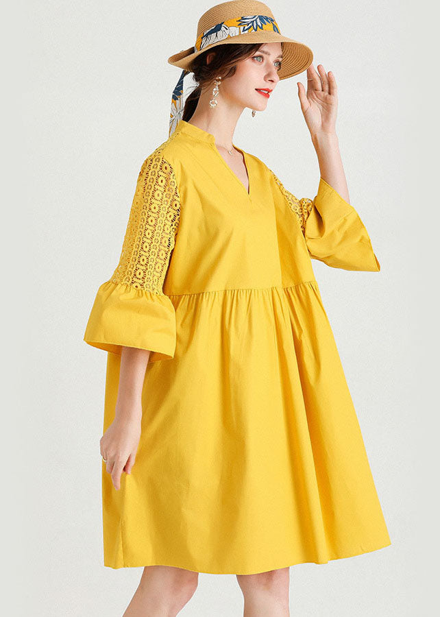 Diy Yellow V Neck Hollow Out Lace Patchwork Cotton Dresses Summer LY0015 - fabuloryshop