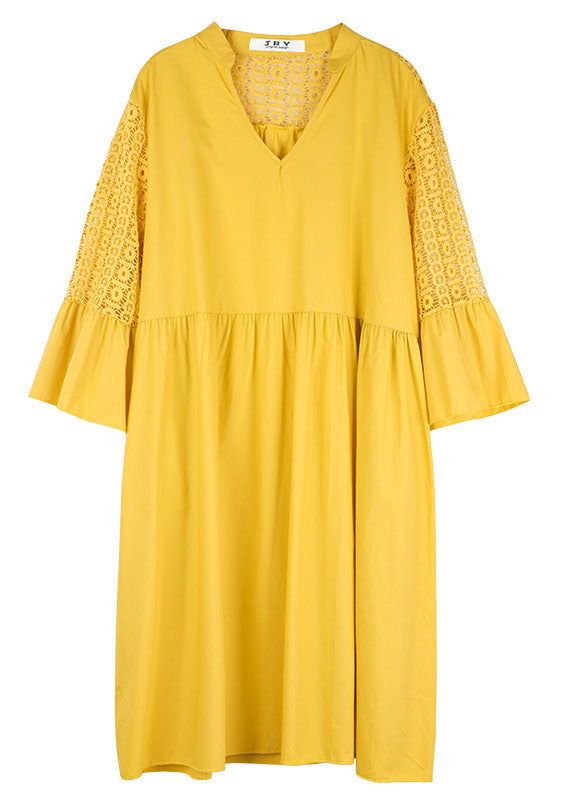 Diy Yellow V Neck Hollow Out Lace Patchwork Cotton Dresses Summer LY0015 - fabuloryshop