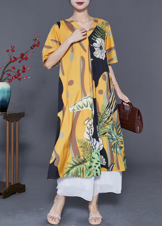 Diy Yellow V Neck Print Draping Silk Ankle Dress Summer LY5583 - fabuloryshop