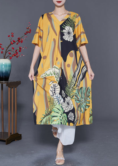 Diy Yellow V Neck Print Draping Silk Ankle Dress Summer LY5583 - fabuloryshop