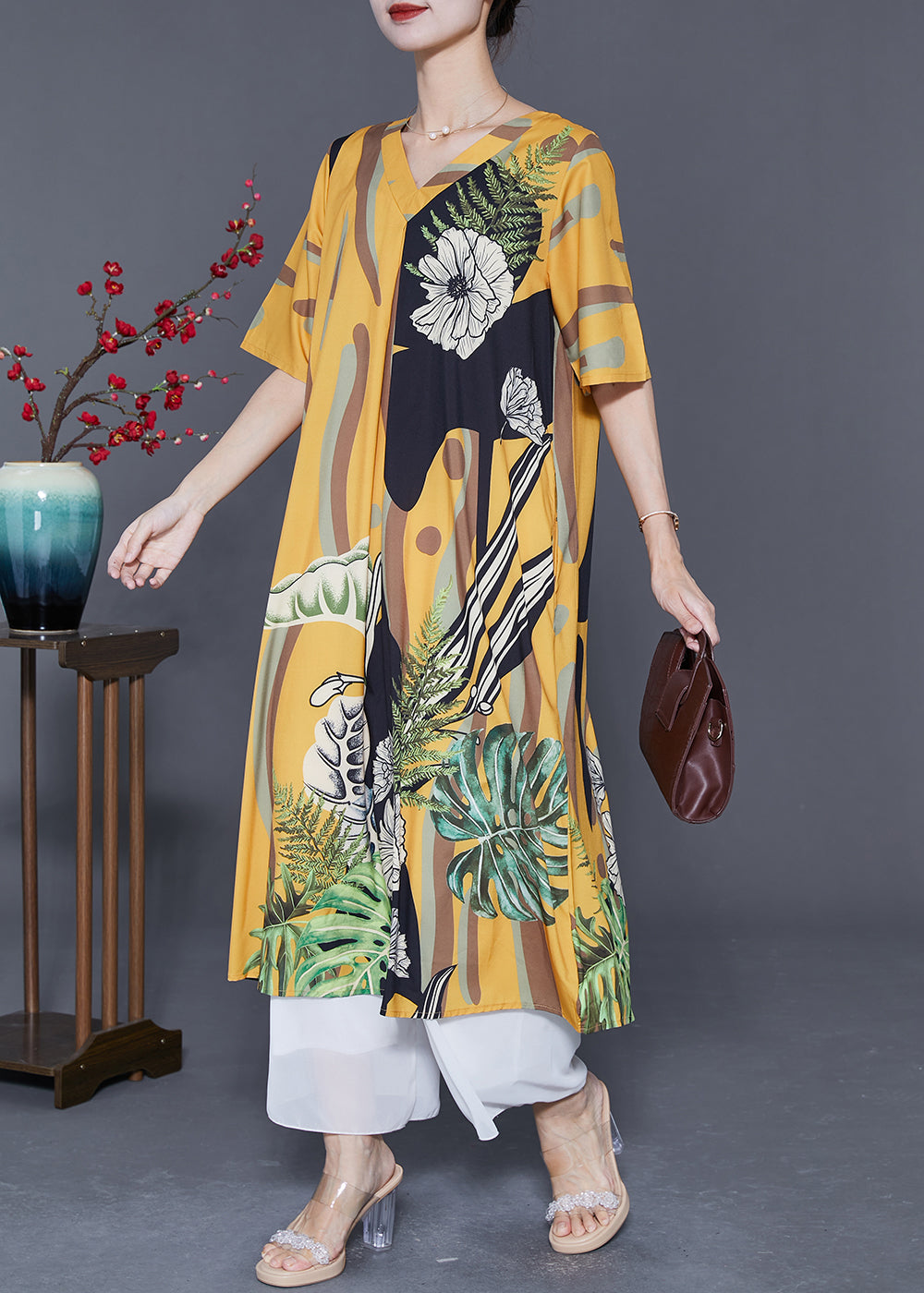 Diy Yellow V Neck Print Draping Silk Ankle Dress Summer LY5583 - fabuloryshop