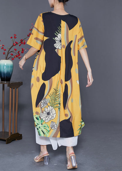 Diy Yellow V Neck Print Draping Silk Ankle Dress Summer LY5583 - fabuloryshop