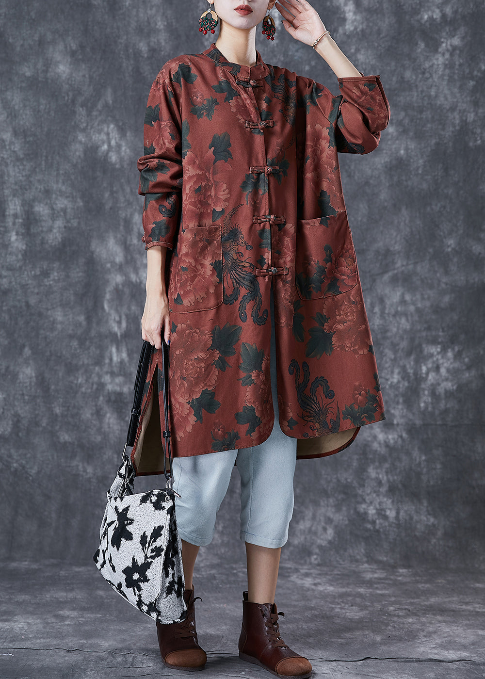 Dull Red Floral Print Linen Chinese Style Shirt Dress Fall Ada Fashion