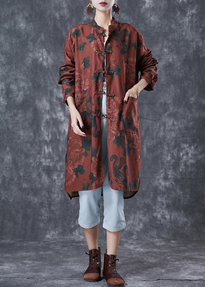 Dull Red Floral Print Linen Chinese Style Shirt Dress Fall Ada Fashion