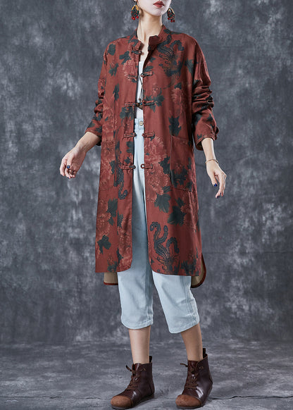 Dull Red Floral Print Linen Chinese Style Shirt Dress Fall Ada Fashion