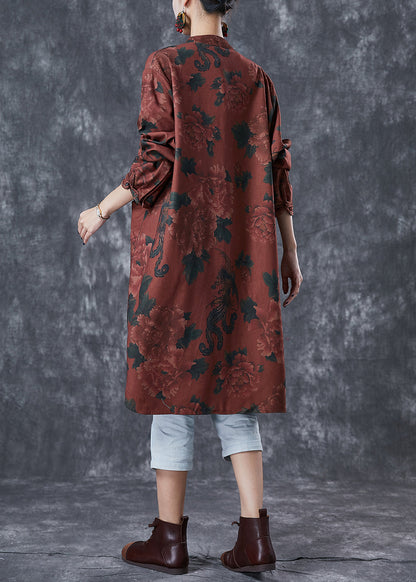 Dull Red Floral Print Linen Chinese Style Shirt Dress Fall Ada Fashion