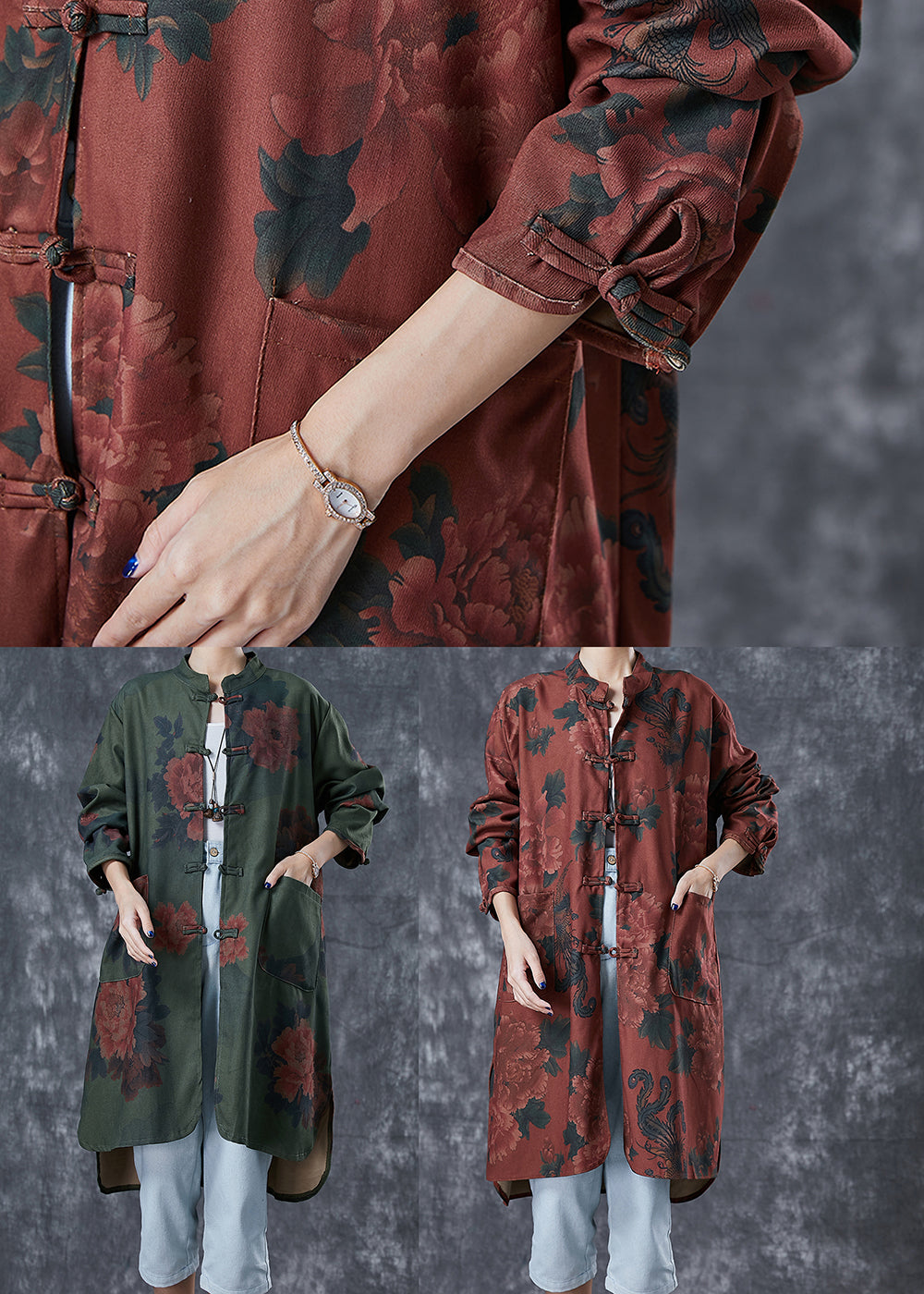 Dull Red Floral Print Linen Chinese Style Shirt Dress Fall Ada Fashion