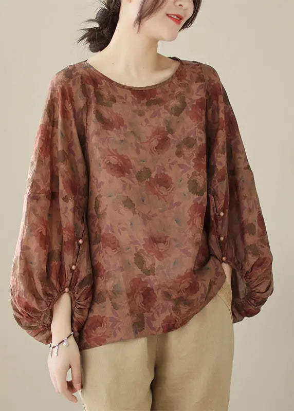 Dull Red Print Cotton Shirts Oversized Lantern Sleeve Ada Fashion