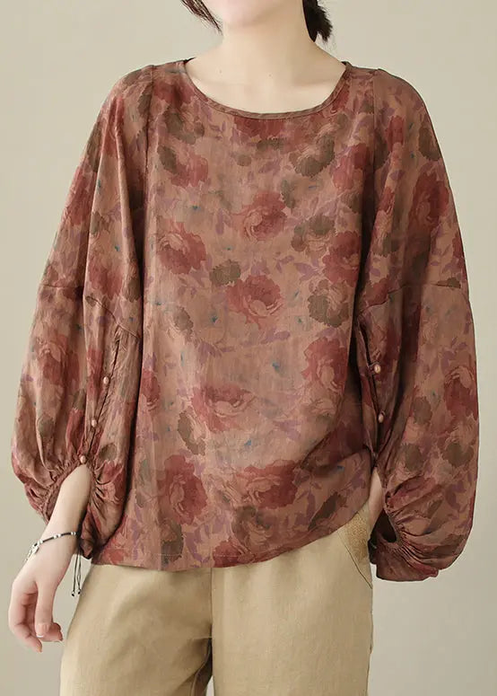 Dull Red Print Cotton Shirts Oversized Lantern Sleeve Ada Fashion