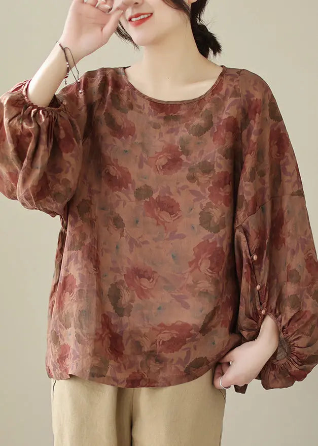 Dull Red Print Cotton Shirts Oversized Lantern Sleeve Ada Fashion