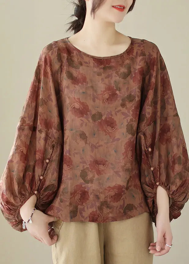 Dull Red Print Cotton Shirts Oversized Lantern Sleeve Ada Fashion