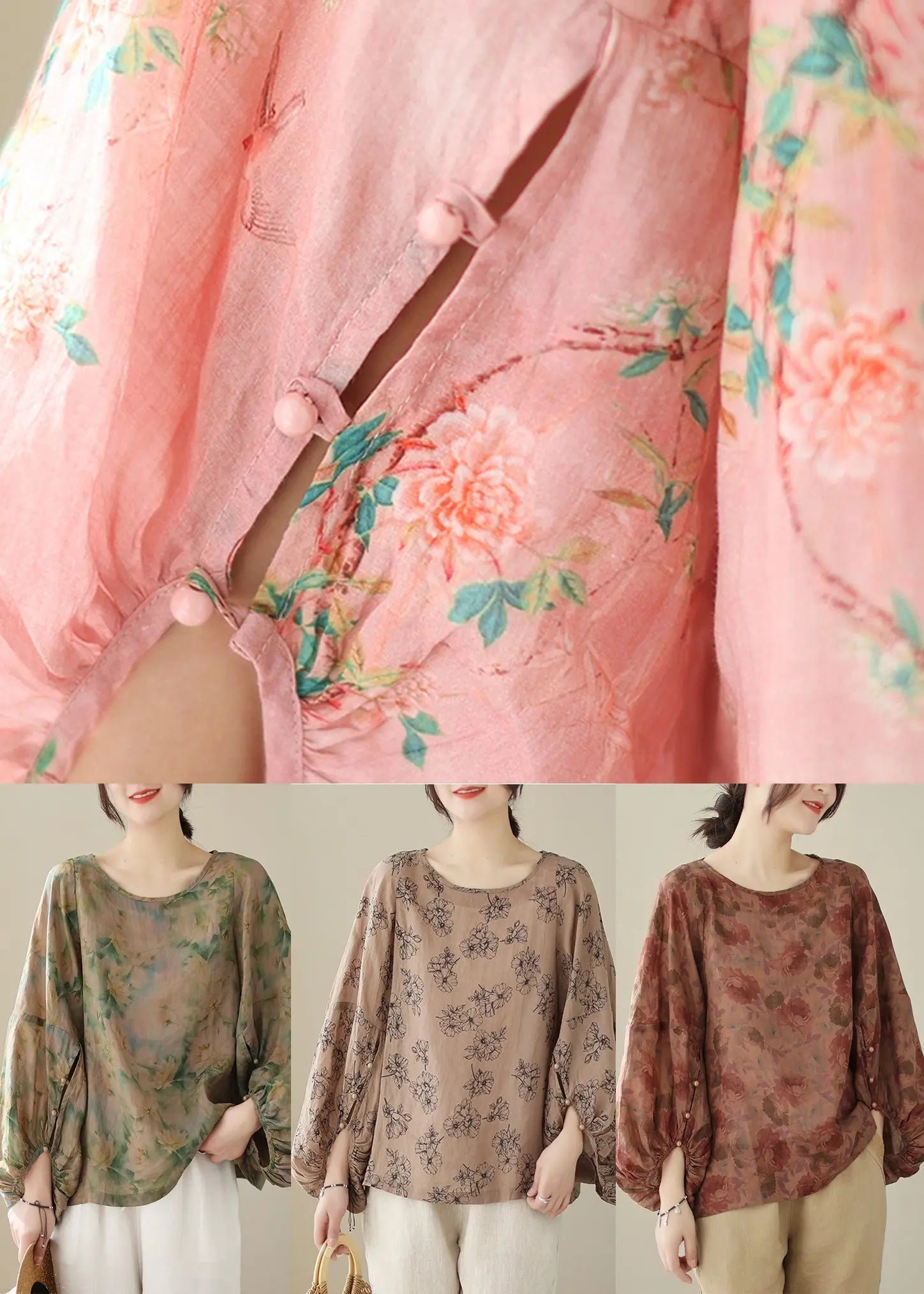 Dull Red Print Cotton Shirts Oversized Lantern Sleeve Ada Fashion